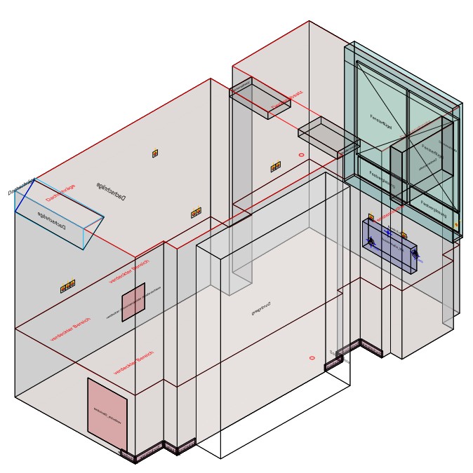 3D-Axonometrie des Raums mit allen Faltungen, Stützen, Treppen-Dachschräge und Fensteröffnung