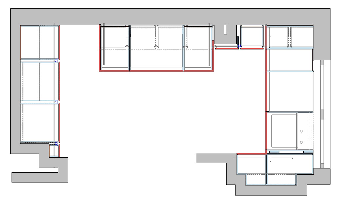 Grundriss-Planung der Küche mit durchgehender Hochschrankzeile, Geräte-Wand mit vertikalen Muldenprofilen und offenen Regalen in der Nische W11