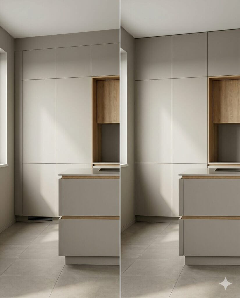 Geteilter Bildvergleich: links Industriemodul-Küche mit sichtbaren Passblenden zu Wand und Decke, rechts maßgefertigte Architektenküche mit millimetergenauen Anschlüssen.