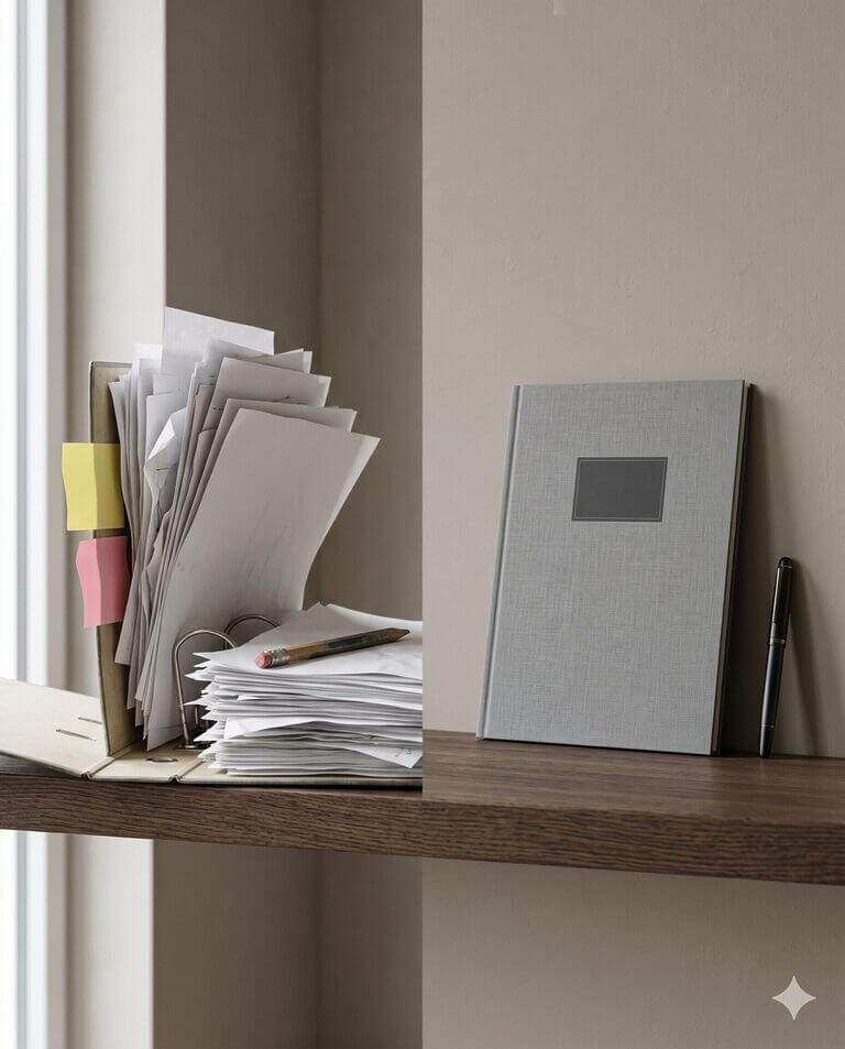 Geteilter Bildvergleich in einem Architektenbüro: links ein berstender Aktenordner mit losen A4-Blättern und Post-its auf einem Wandregal, rechts eine schmale graue Hardcover-Mappe mit Füllfederhalter.