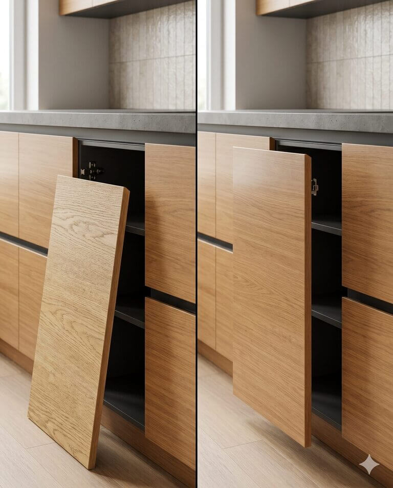 Geteilter Bildvergleich an einem demontierten Schrank derselben Architektenküche: links eine Ersatzfront mit abweichender Holzmaserung und Farbe, rechts eine perfekt identische Ersatzfront kurz vor dem Aufstecken.