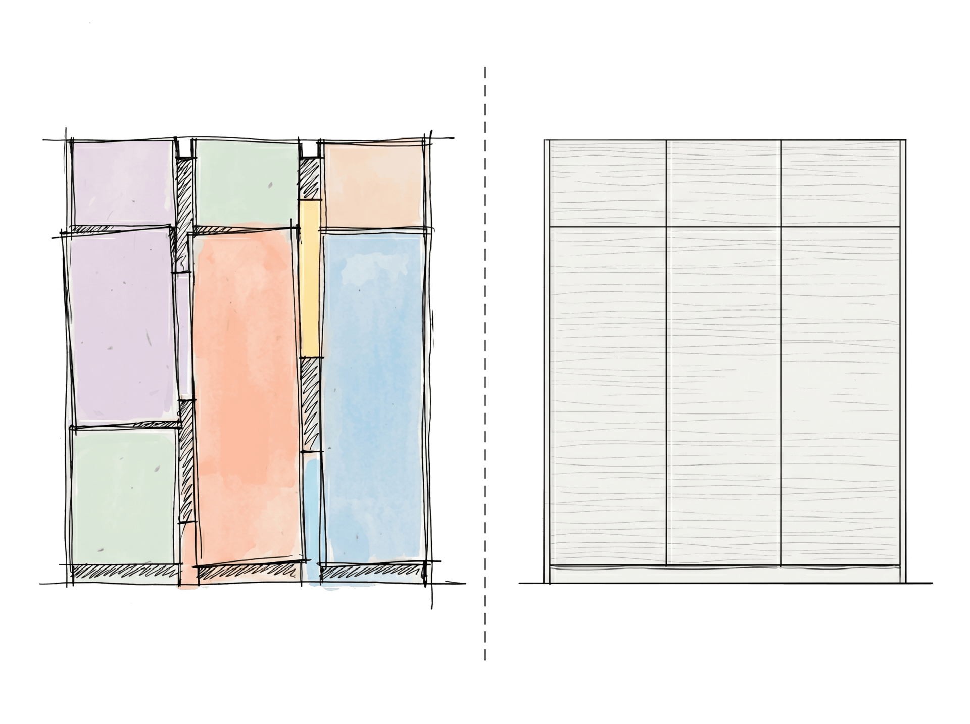 Architektenzeichnung im Vergleich: links eine Industriemodul-Küche mit sichtbaren Lücken und Passblenden, rechts eine flächenbündige Architektenküche.